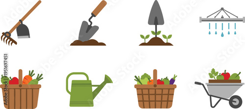 Gardening Vector Illustration Showing Tools Vegetables and Harvest Process