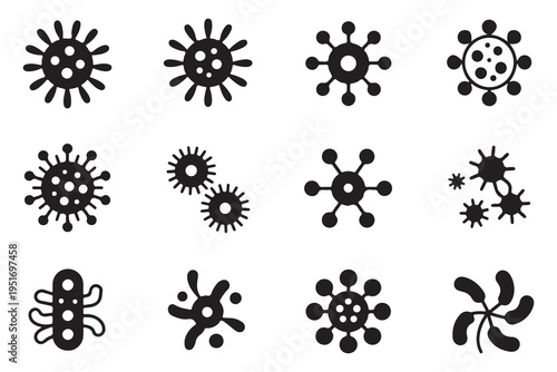 Collection of virus and bacteria icons in flat black style for medical and scientific design