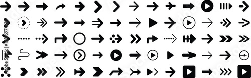 Collection of black arrow and play buttons on white background symbol direction navigation
