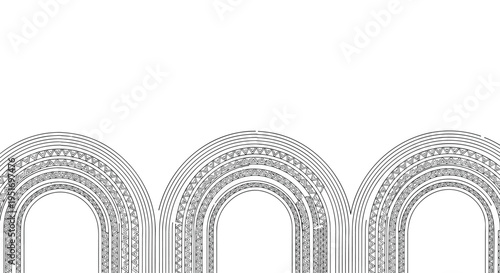 Black and white repeating pattern of decorative arch shapes with intricate traditional motifs for architectural design textures.