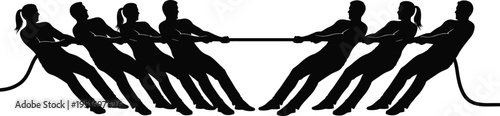 Tug of war silhouettes, team competition pulling rope in opposite directions, strength and teamwork concept, sport activity vector illustration