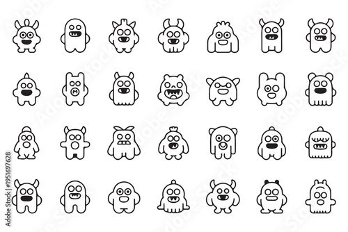 Cute cartoon monster line icons set featuring various funny characters for kids and creative designs