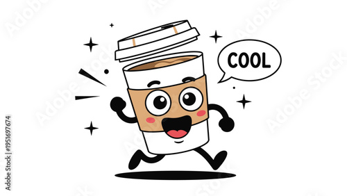 Fun cartoon coffee cup character with big eyes runs happily while saying cool in a speech bubble to represent energy and morning mood.