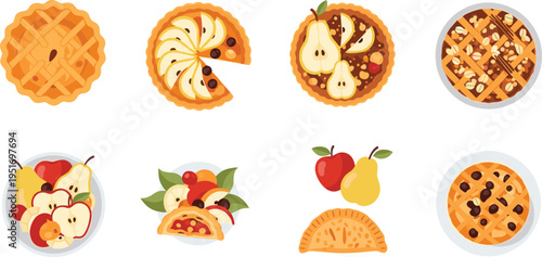 Fruit Dessert Vector Illustration Showing Pie Tart Pastry and Apple Pear