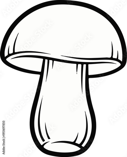 Black and white outline drawing of a mushroom with a rounded cap and a thick stem