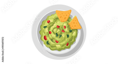 Top view of a bowl of fresh green guacamole dip served with two yellow tortilla chips on a white plate for food concepts.