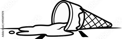 Black and white outline of a dropped ice cream cone melting on a flat surface