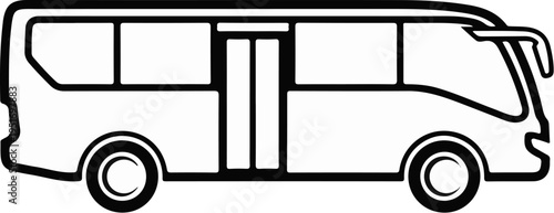 Black and white outline drawing of a passenger bus with windows and doors