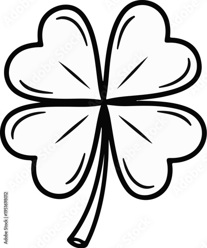 Black and white line art of a four-leaf clover, a symbol of good luck