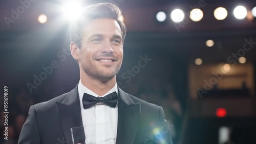 A handsome elegant man in a tuxedo smiles proudly on stage, holding a glass award at a glamorous ceremony. Cinematic video.