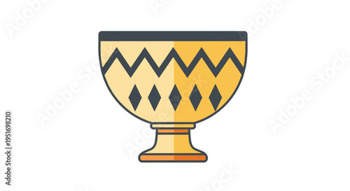 Gold chalice with black geometric zigzag and diamond patterns standing on a small pedestal against a simple white background.