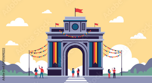 Celebration at a triumphal arch decorated with colorful flags and bunting with small people enjoying the festival outdoors.