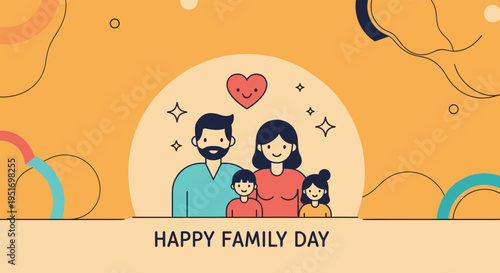 Happy Family Day banner featuring a cartoon father mother and two children smiling together within a warm circular frame.