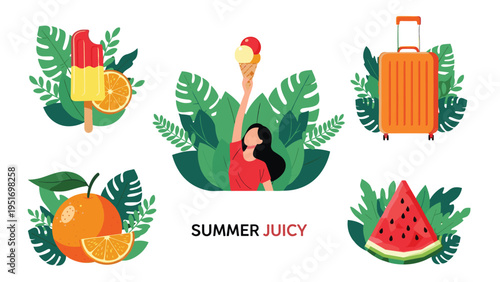 Bright summer vacation elements include a woman holding ice cream surrounded by tropical leaves, luggage, and juicy fruit slices.