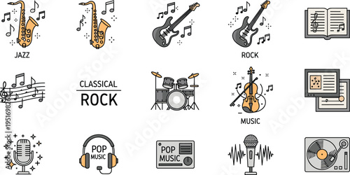 Music Genre Vector Illustration Showing Jazz Rock Classical and Pop Icons