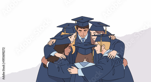 Close-knit graduates huddle together in a circle, sharing a touching moment of friendship and unity before their ceremony. Flat vector illustration.