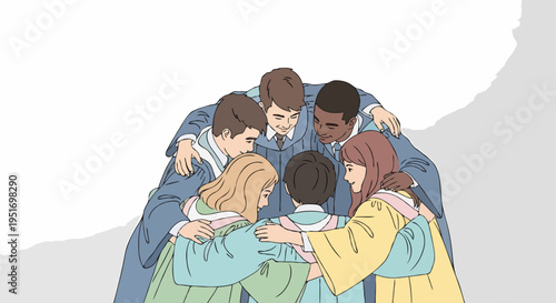 Joyful diverse friends in colorful academic gowns hug tightly in a circle, celebrating their shared educational journey. Flat vector illustration.