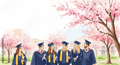 A joyful group of graduates in academic gowns walk together through a beautiful spring park with blooming cherry blossoms. Hand drawn vector illustration.