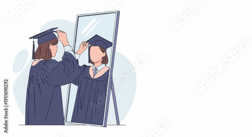 A young woman thoughtfully adjusts her academic cap in front of a mirror, preparing for her memorable graduation day. Flat vector illustration.