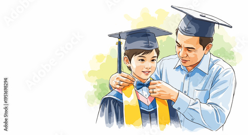 A loving father gently helps his cute son adjust his bow tie and graduation gown, feeling incredible pride. Watercolor vector illustration.