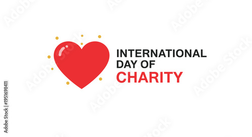 Simple red heart icon next to International Day of Charity text with small golden sparkles on a clean white background.
