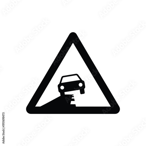 Black and white triangular road sign with car on steep hill