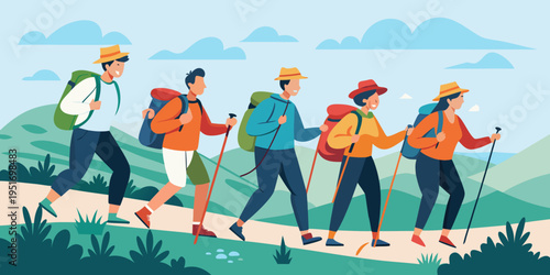 Vector illustration. Set of backgrounds with a group of hikers climbing, equipped with backpacks and walking sticks. Clear sky, nature scene landscape. Concept of friendship, teamwork and