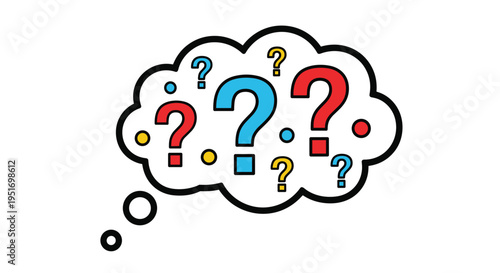 Large thought bubble filled with colorful red blue and yellow question marks and dots representing thinking curiosity and puzzles.