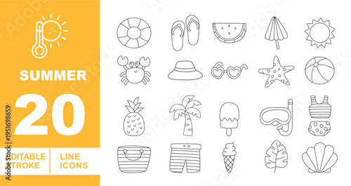 Summer Beach & Tropical Vacation Icons. Editable stroke vector icons for holiday themes. Featuring lifebuoys, flip-flops, cute crabs, sun hats, heart-shaped sunglasses, pineapples, snorkeling gear