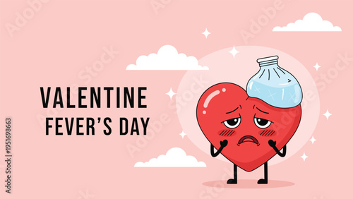 Sad red heart character with an ice pack on its head feels unwell on valentine fever day with soft pink clouds in the background.