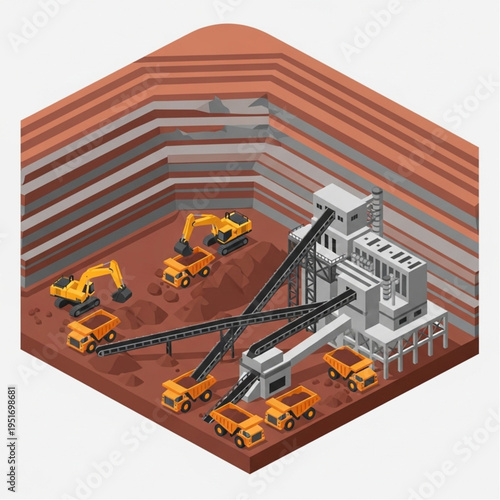 Isometric Mining Operation - Excavators, Trucks, and Processing Plant.