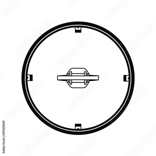 Black and white circular frame with lock mechanism