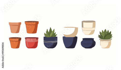 Assorted flower pot vector set with various planter styles isolated on white background