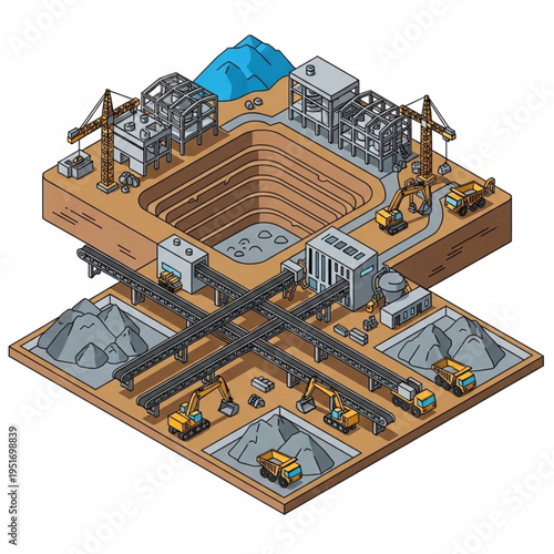 Isometric Mining Operation Illustration - Open Pit and Underground Extraction.