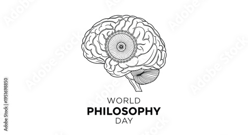 World philosophy day poster featuring a detailed black and white sketch of a human brain with a central focal point and simple text.