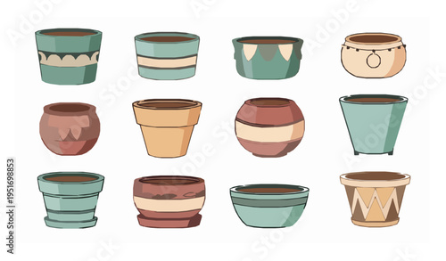 Decorative flower pot collection vector with assorted planters isolated on white background