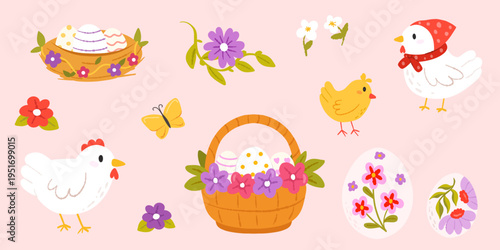 Easter set with chickens, basket of eggs, flowers, butterflies, cake and decorated eggs on pink background. For holiday cards, stickers.