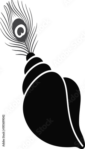 Sacred Shankh vector silhouette with peacock feather, Indian religious conch shell for Krishna and spiritual worship