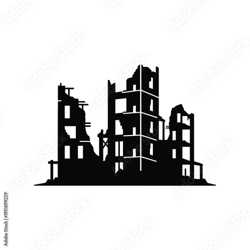 Silhouette of ruined buildings after destruction black and white