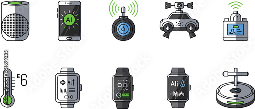 Smart Device Vector Illustration Showing Speaker Smartphone Watch Vehicle and Robot Vacuum