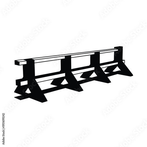 Black and white metal guardrail barrier with crossbars and supports
