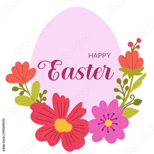 Happy Easter greeting card with floral egg, spring flowers and leaves on white background. For holiday cards, invitations, banners, seasonal decor.