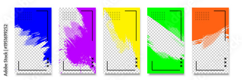 Colorful Abstract Vertical Banners Set - Halftone Brush Stroke Templates with Corner Frames in Blue Purple Yellow Green Orange