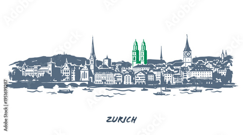 A hand-drawn, monochromatic illustration of the Zurich city skyline featuring prominent buildings, churches with green spires, and a waterfront view, with 'ZURICH' text below.