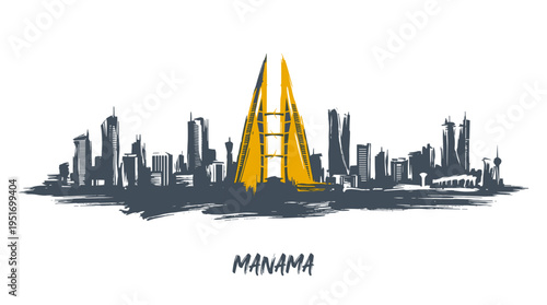 Artistic sketch of the Manama skyline featuring modern skyscrapers and a prominent illuminated building.