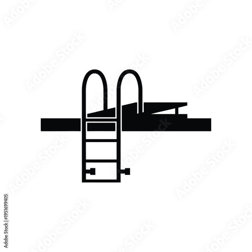 Black and white diving board and ladder next to a swimming pool