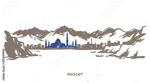 A panoramic sketch of the Muscat skyline, featuring mountains, traditional buildings, and boats on the water.