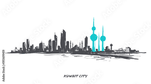 A stylized, monochromatic sketch of the Kuwait City skyline, featuring prominent skyscrapers and the iconic Kuwait Towers in a vibrant teal color.