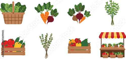 Vegetable Market Vector Illustration Showing Fresh Produce Basket Crate and Stall