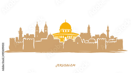 A stylized silhouette of the Jerusalem skyline, featuring the Dome of the Rock prominently.